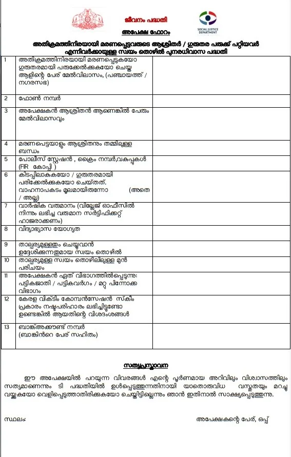 kerala jeevanam scheme 2025 application form